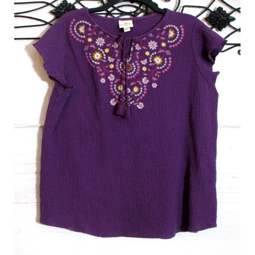 St. John's Bay Boho Top Women's Size XL Purple Floral Short Sleeve Round Neck